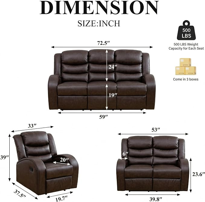 Recliner Sofa Set 3 Piece Living Room Furniture Set Couch Sectional Leather - Image 2