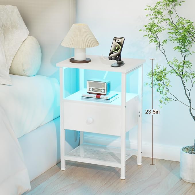 LOAKEKEL LED Night Stand with Charging Station, Small Bedside Table with USB - Image 3