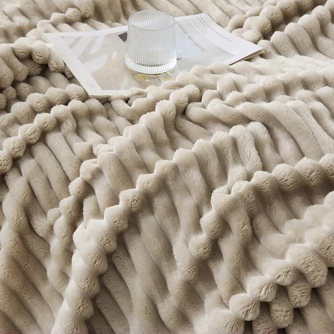 Khaki Throw Blanket for Couch Sofa 60x80 inches Striped Design | Fleece - Image 6