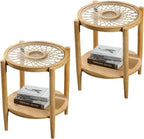 RUSTOWN Rattan Nightstands Set of 2, Boho Wood Round Side Tables, 2-Tier by RUSTOWN