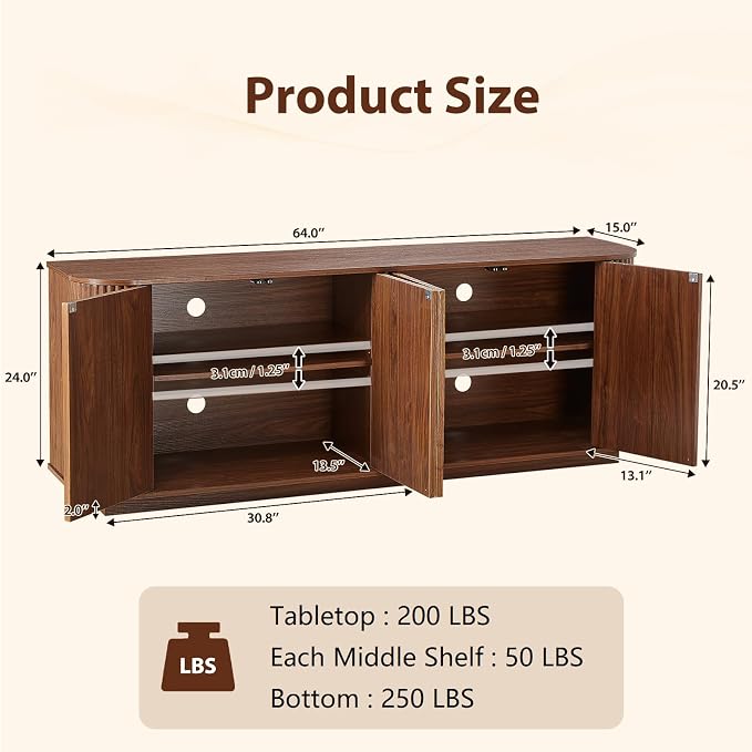 Fluted TV Stand for TVs Up to 75 Inch, Walnut Mid Century Modern TV Console for - Image 2