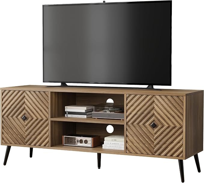 Smuxee Walnut TV Stand with Fluted Diamond Doors, 55.12" Mid Century Modern TV - Image 9