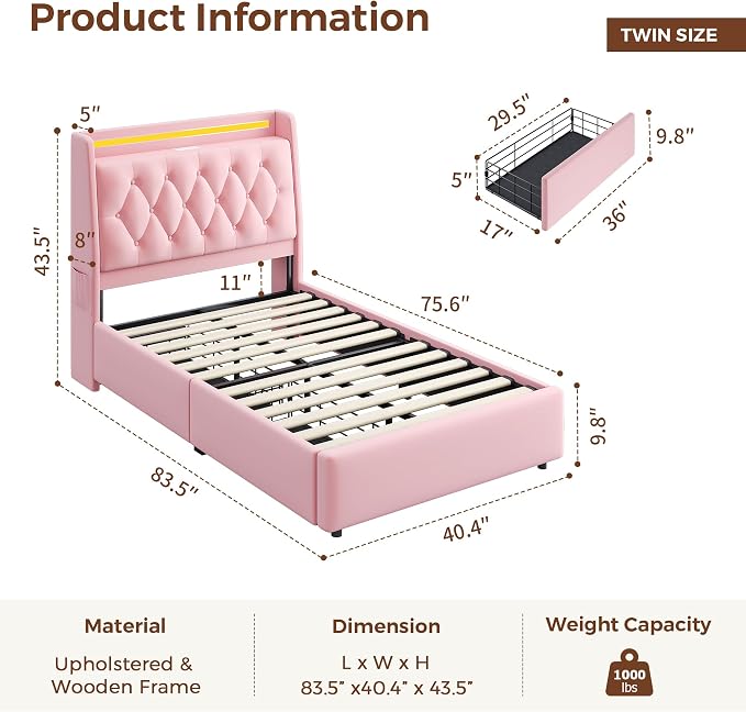 Twin LED Velvet Bed Frame with 2 Storage Drawers&Hidden Headboard, Upholstered - Image 2
