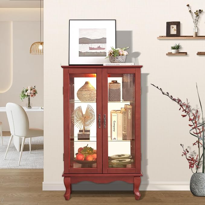 Curio Cabinet With Lighted Tall Leg Glass Door, Antique Display With Mirrored by Firscook