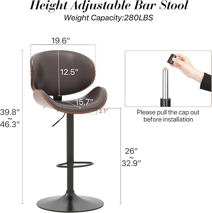 KCC Bar Stools Set of 2, Swivel Adjustable Height Barstools, PU Leather - Image 3