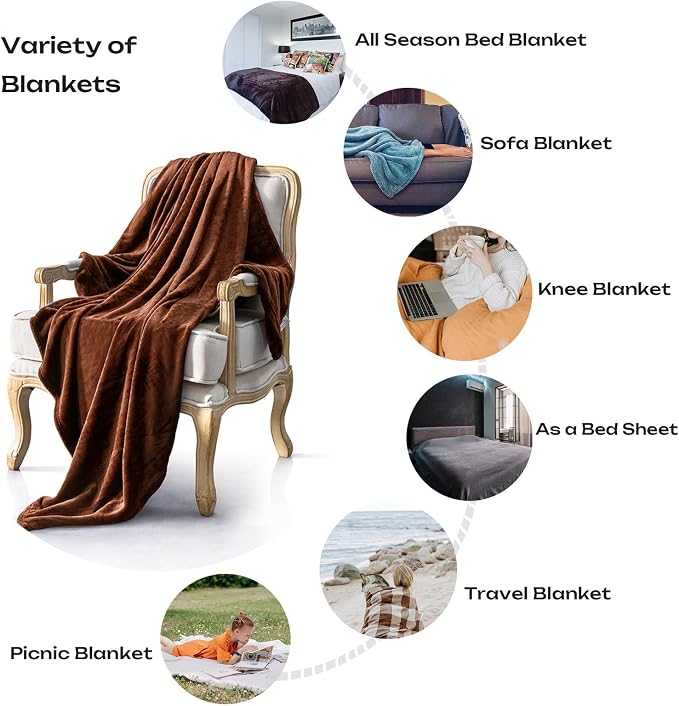 Brown Fleece Plush Throw Blanket 50"x60"for Couch Sofa Fuzzy Cozy Flannel | - Image 2