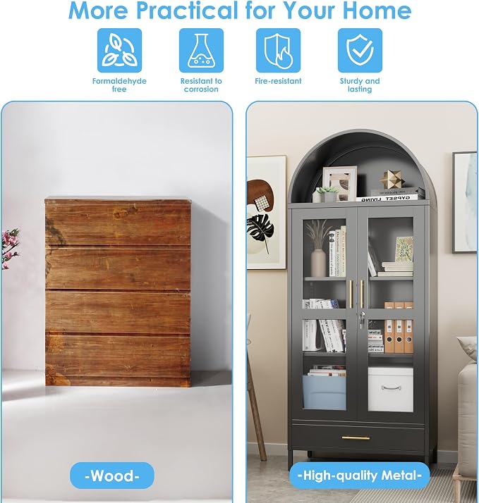 Arched Cabinet with Glass Doors, Modern Kitchen Pantry Cabinet with 2 - Image 7
