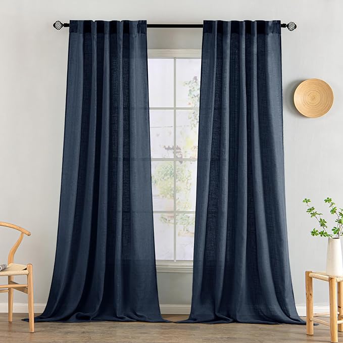 MIULEE Navy Blue Linen Curtains 52x90 Inch 2 Panels by MIULEE