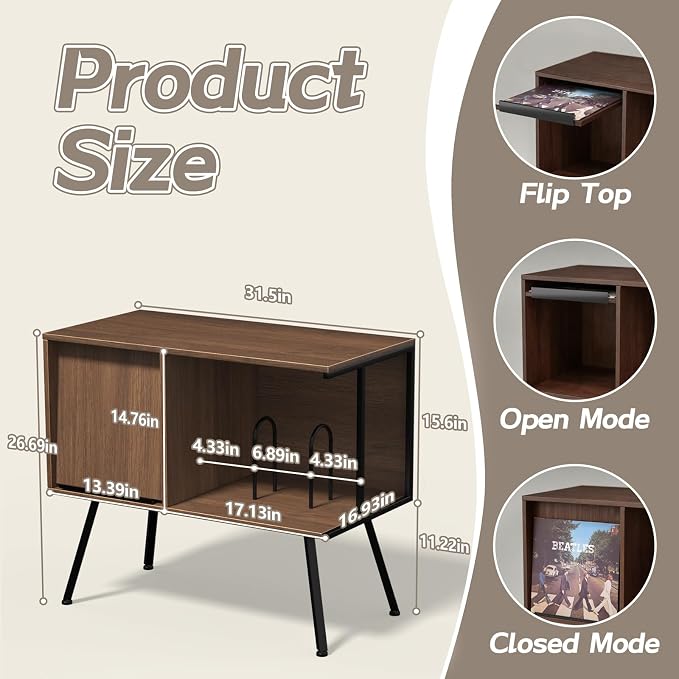 Faesun Flip Top Record Player Stand, Large Turntable Stand Holds up to 150+ - Image 3