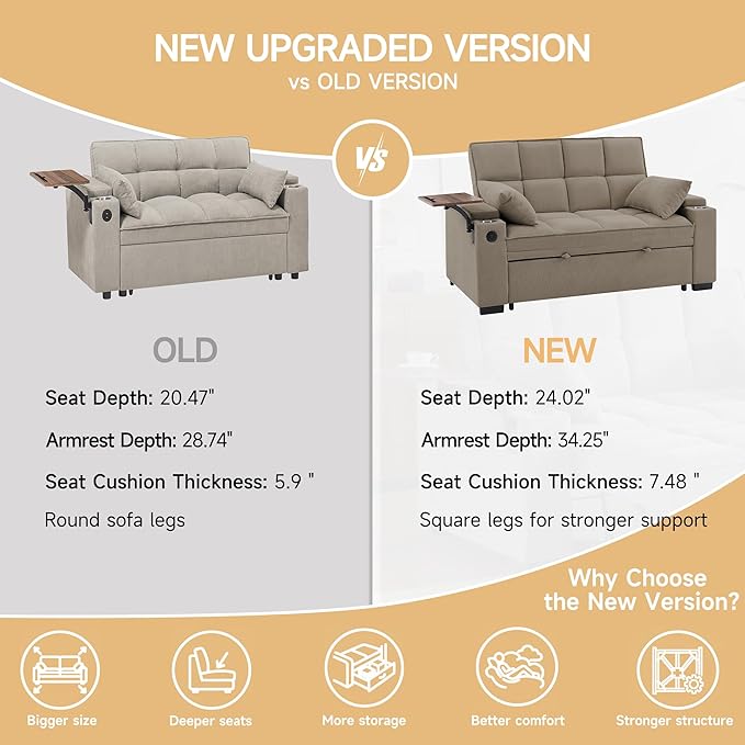 Auvsoce 65" Sleeper Sofa Bed Loveseat, Convertible Couch - Image 6