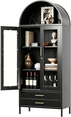 73" Tall Display Cabinet with Glass Doors and 2 Drawers, Metal Arched Cabinet - Image 7