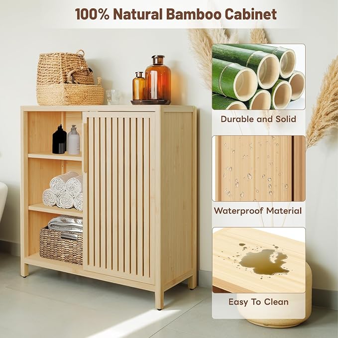 Bamboo Bathroom Cabinet, Side Storage Organizer Cabinet - Image 4