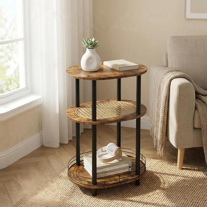 Small Rattan Side Table with Storage, 3 Tier Round/Oval End Table with Rattan by BITYODD-HOME