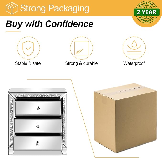 VINGLI Mirrored Nightstands Set of 2, Modern Bedside Table 3 Drawer Glass Side - Image 7