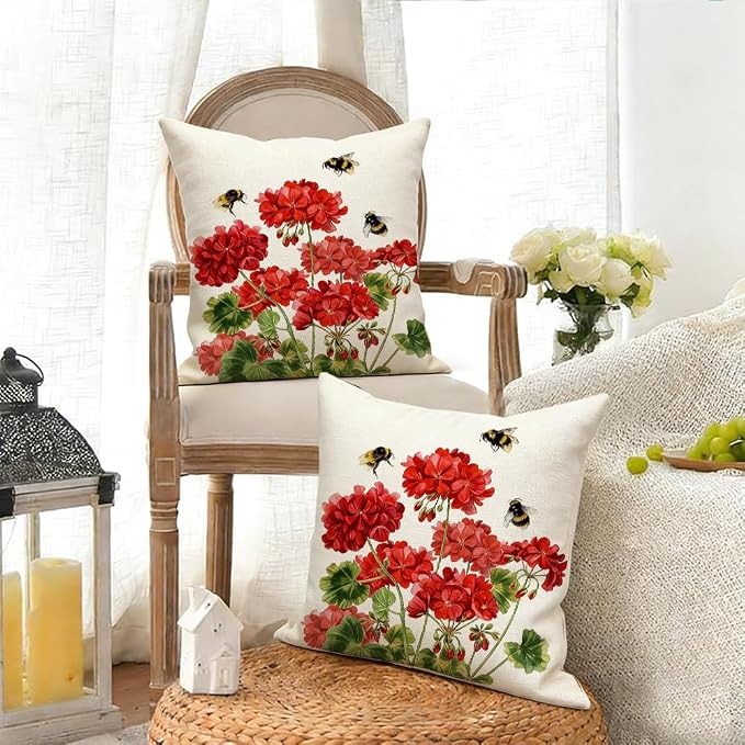 RABUSOFA Spring Summer Outdoor Geranium Pillow Cover 18x18 Waterproof - Image 9