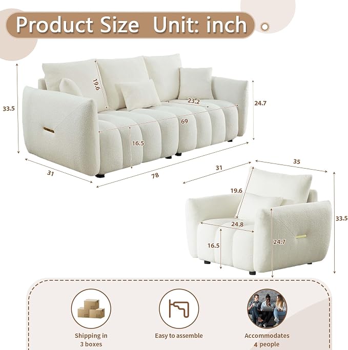 Antetek Teddy Sofa Set for Living Room, Modern Deep Seat Sofa Chair and - Image 2