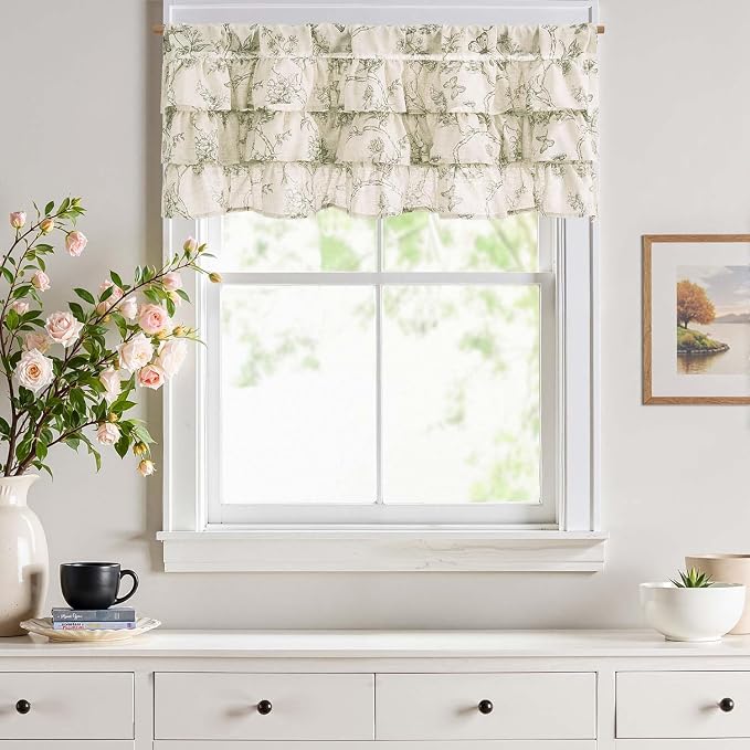 JINCHAN Ruffled Valance Curtain Linen Floral Kitchen Valance - Image 3