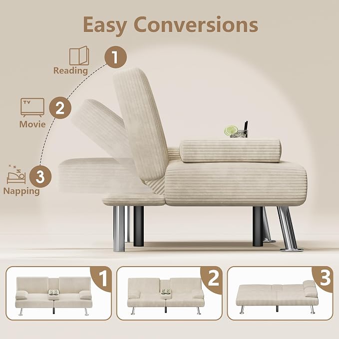 Flamaker Futon Sofa Bed Corduroy Folding Couch Adjustable Sleeper Sofa Bed - Image 4