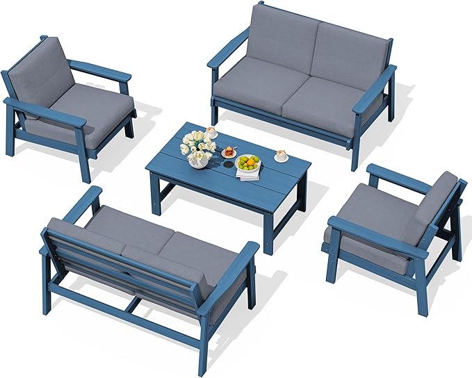 SERWALL HDPE Patio Furniture Set, 5 Piece All Weather Wood-Like Sectional by SERWALL