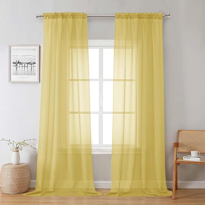 Yellow Sheer Curtains 96 Inches Long 2 Panels, Gauzy Light Filtering Breathable by Lecloud