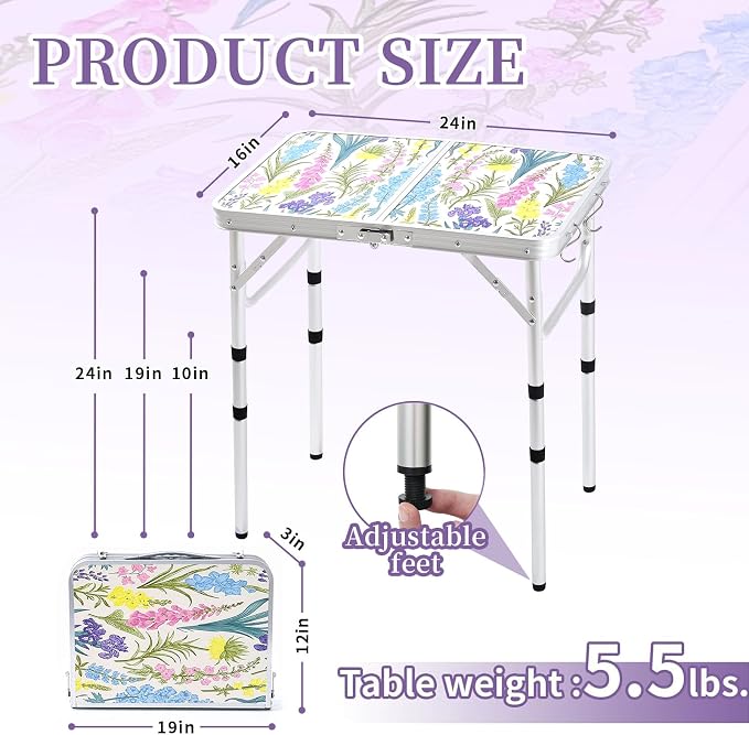 Yriuat Folding Camping Table 2ft Portable Pinic Table Adjustable Height Small - Image 3