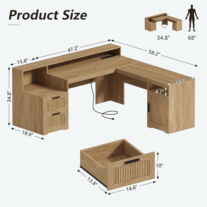 YOMILUVE 63" Farmhouse L Shaped Executive Desk - Image 2