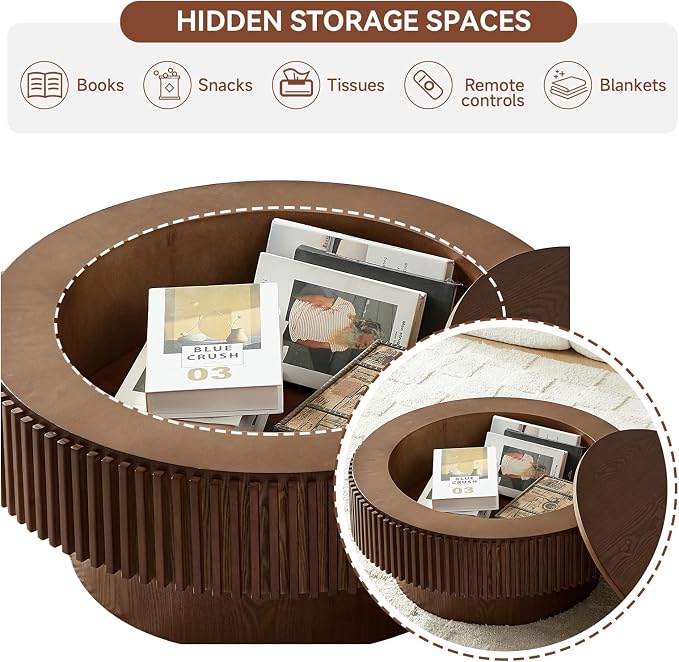 Round Coffee Table for Living Room, Fluted Drum Accent Tea Center Table - Image 7