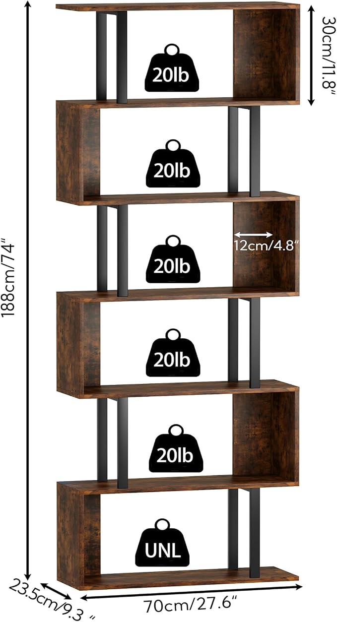 Yusong Geometric Bookcase, S Shaped Bookshelf 6-Tier Book Shelves - Image 3