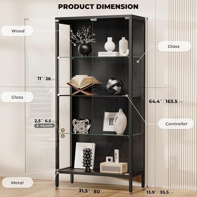 Display Cabinet with Glass Doors, 4-Tier Curio Cabinet with 3 Color Lights - Image 2