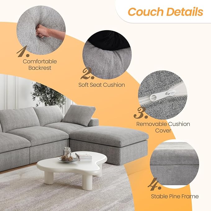 160" Cloud Sectional Couch, Overzised Down Filled Couch, 8 Seater Convertible - Image 3