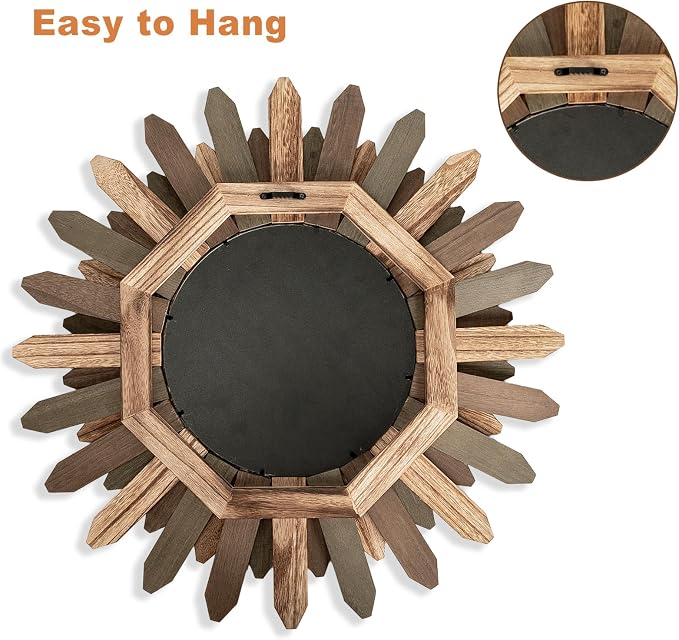 Emfogo Wall Mirror 21 inch Large Rustic Wood Boho Mirror Wall Decor Boho Room - Image 5