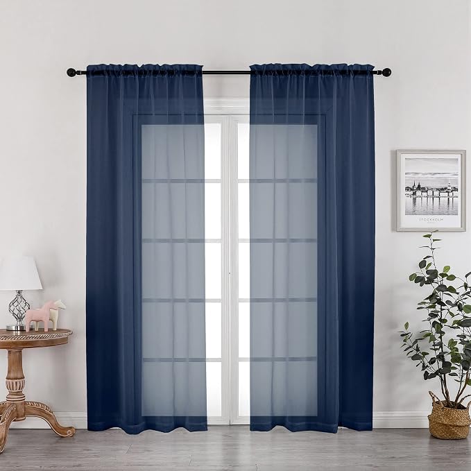 Navy Blue Sheer Curtains 72 Inches Long 2 Panels, Transparent Voile Sheer by OWENIE