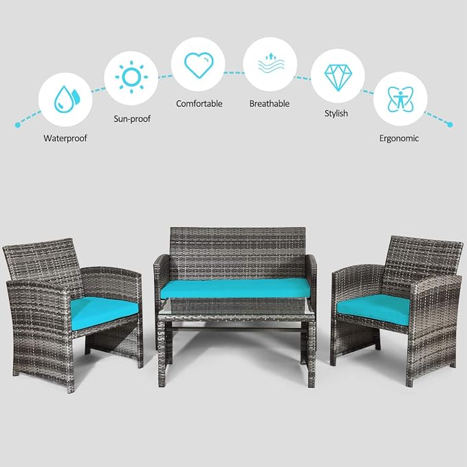 Tangkula 4 PCS Wicker Patio Conversation Set, Outdoor Rattan Sofas - Image 9