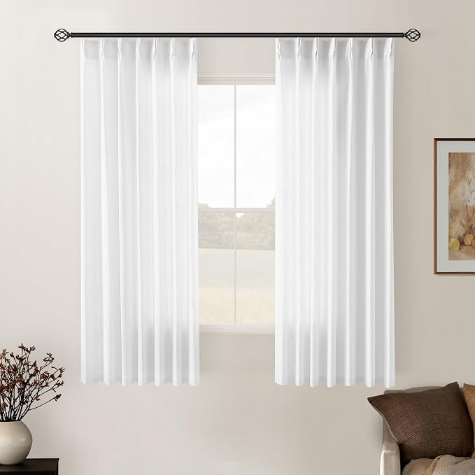 Snow White Pinch Pleated Linen Semi Sheer Curtains 54 Inch Length 2 Panels | by Twodrapes