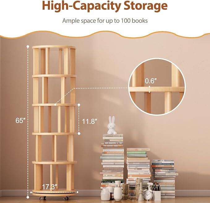 Muwuele Solid Wood Rotating Bookshelf on Wheels, 5 Tier, Round Revolving - Image 2