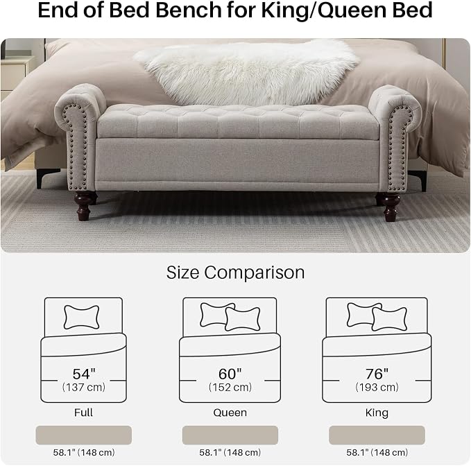 SOFTHION 58.1" Storage Bench Upholstered Linen End of Bedroom Bed Bench Ottoman - Image 5