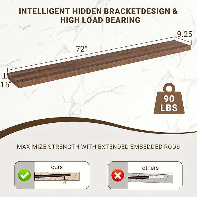 Acovy 72 Inch Floating Shelves, 3D Textured Wood Grain, Wooden Shelves - Image 3