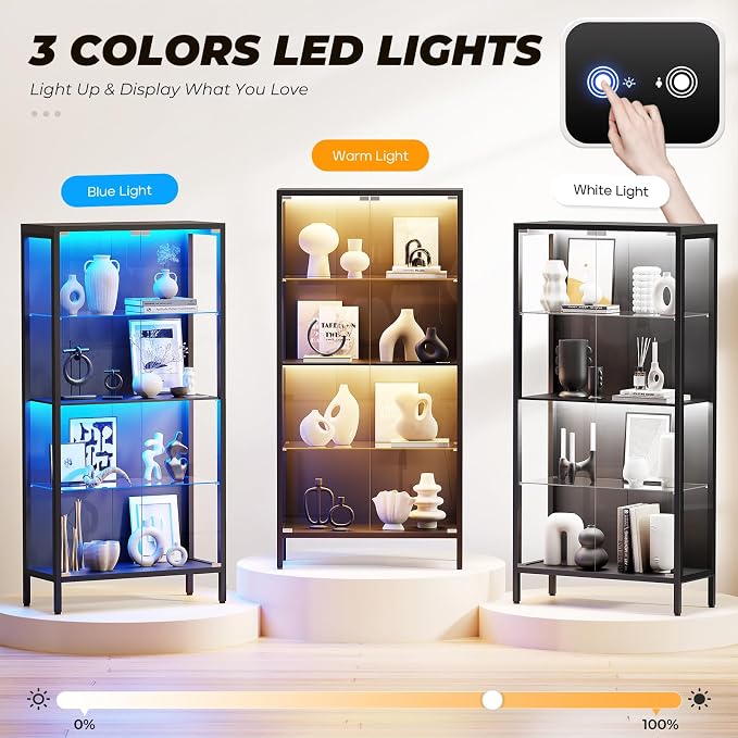 Display Cabinet with Glass Doors, 4-Tier Curio Cabinet with 3 Color Lights - Image 6
