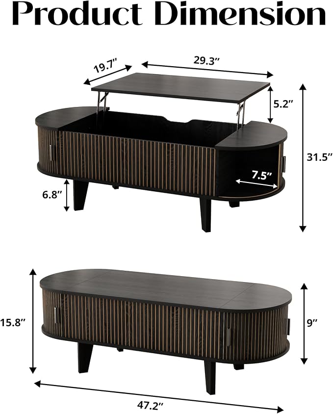 Oval Coffee Table with Storage, 47.2" Fluted Lift Top Coffee Table with 180° - Image 2