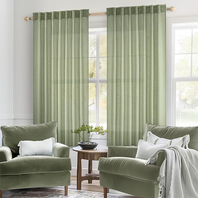MIULEE Sage Green Linen Curtains 52x63 Inch Length 2 Panels - Image 2