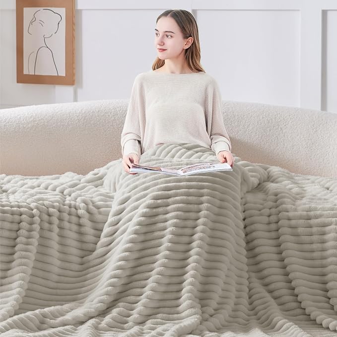 BEDELITE Striped Fleece Throw Blanket, Light Grey, Soft Cozy, Lightweight Warm - Image 3
