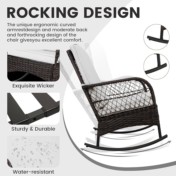 LEVELEVE 3pcs Modern PE Wicker Outdoor Rocking Chairs & Glass Table Set - Image 3