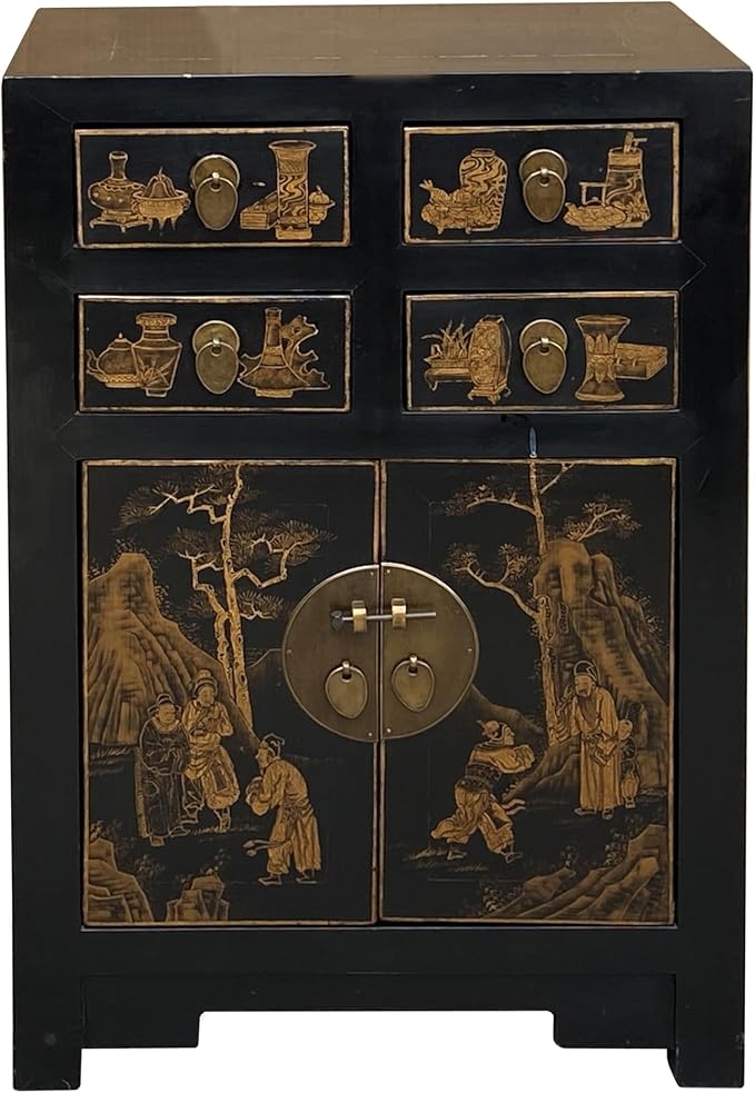 Vintage Oriental Distressed People Golden Graphic Black Side Table Cabinet by ORIENTLIVING