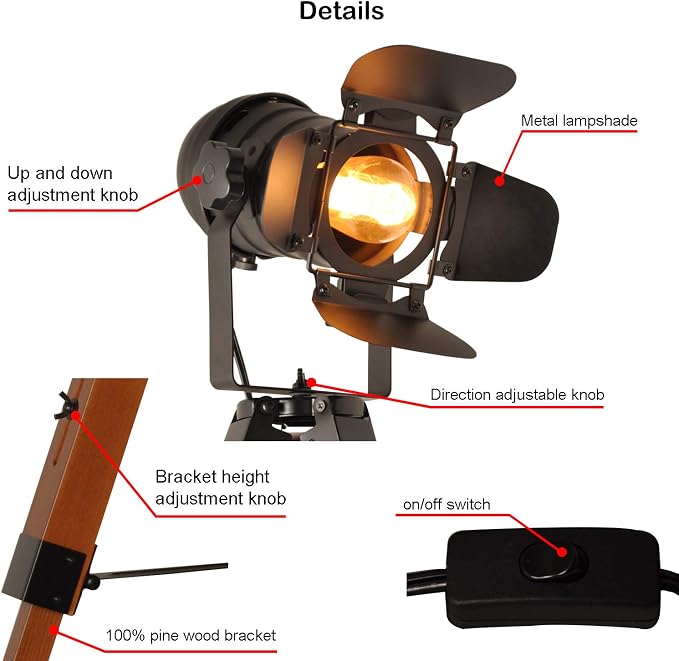 Decoluce Industrial Tripod Floor Table Lamp Vintage Wood Cinema Searchlight - Image 5