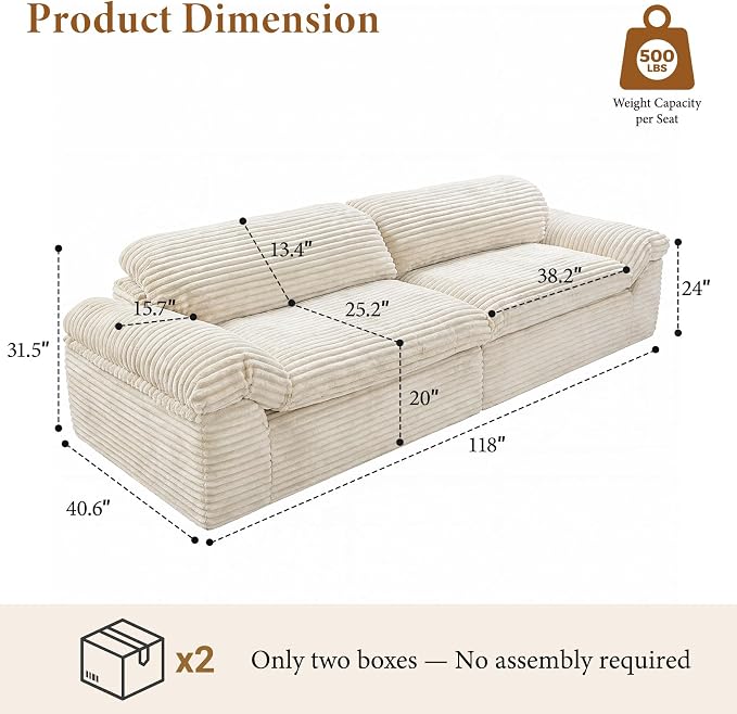 Vesgantti 118" Modular Sectional Couch, Comfy Corduroy Upholstered Cloud Couches - Image 2