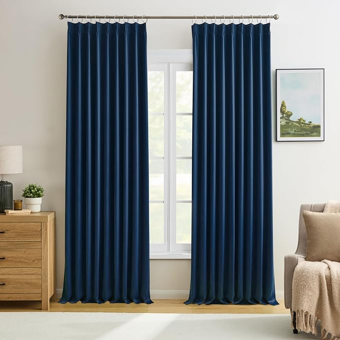 2 PCs Navy Blue Pleat Wide Drapes by KEQIAOSUOCAI
