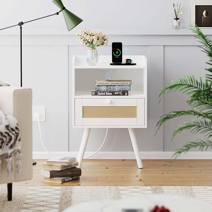 SUPERJARE Nightstand with Charging Station & Rattan-Like Decor Drawer, Rattan - Image 2