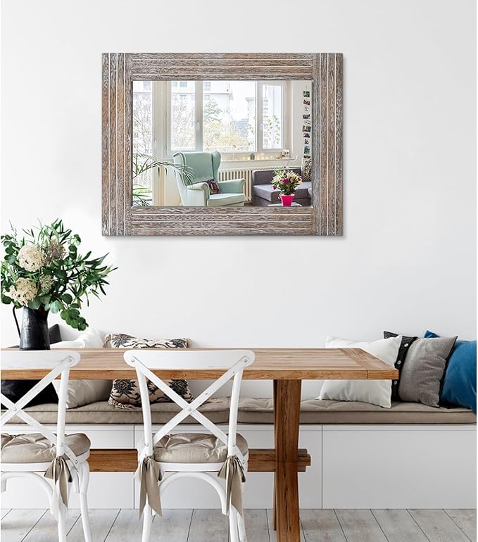 Wall Mirror Rustic Wooden Frame Rectangle Mirror Vintage Hanging Mirror - Image 2