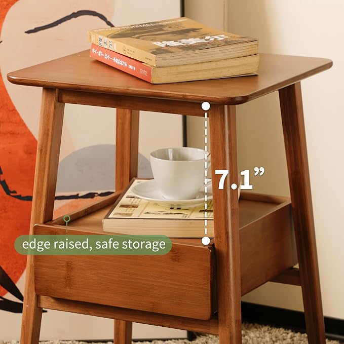 Fluted Nightstand with Drawer – Tall Solid Bamboo Bedside Table with Open Shelf - Image 2
