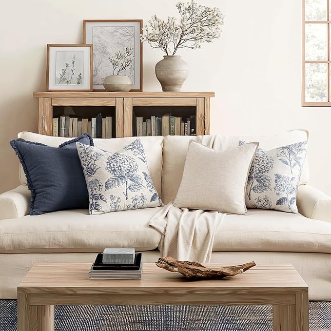 Set of 2 Decorative Floral Pillow Covers 22x22 Inch Light Blue | Neutral - Image 4